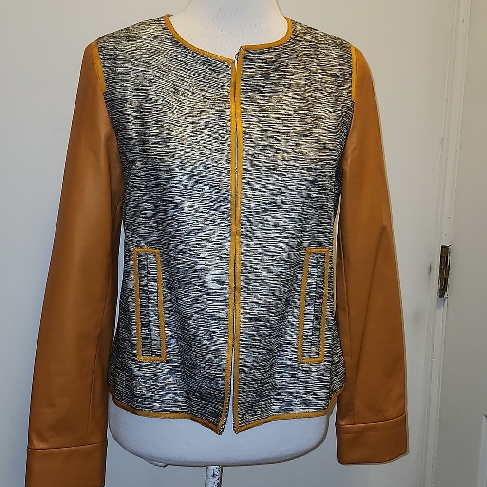 Doncaster Leather &  Silk Tweed Jacket Blazer Colarless
